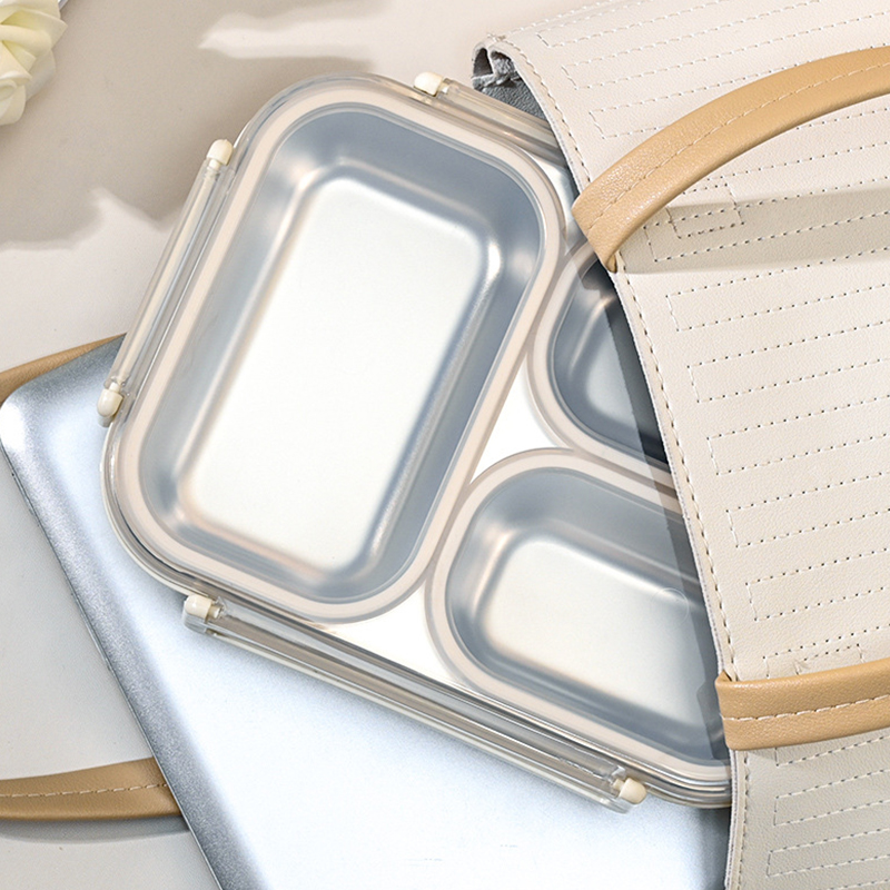 Stainless Steel Rectangular Bento Box with 3 Compartments Leak Proof Microwave Safe BPA Free Lids for Kids & Adults