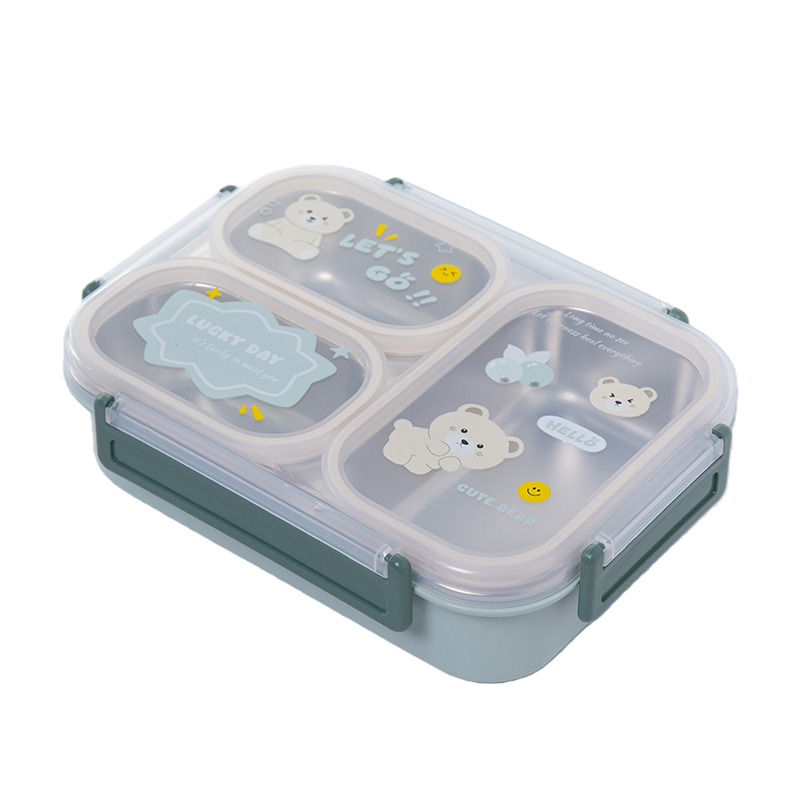 Creative Stainless Steel 3 Grids Cartoon Print Cream Cartoon Lunch Box Portable for Kids and Students