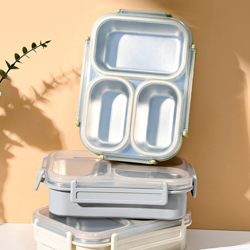 Stainless Steel Rectangular Bento Box with 3 Compartments Leak Proof Microwave Safe BPA Free Lids for Kids & Adults