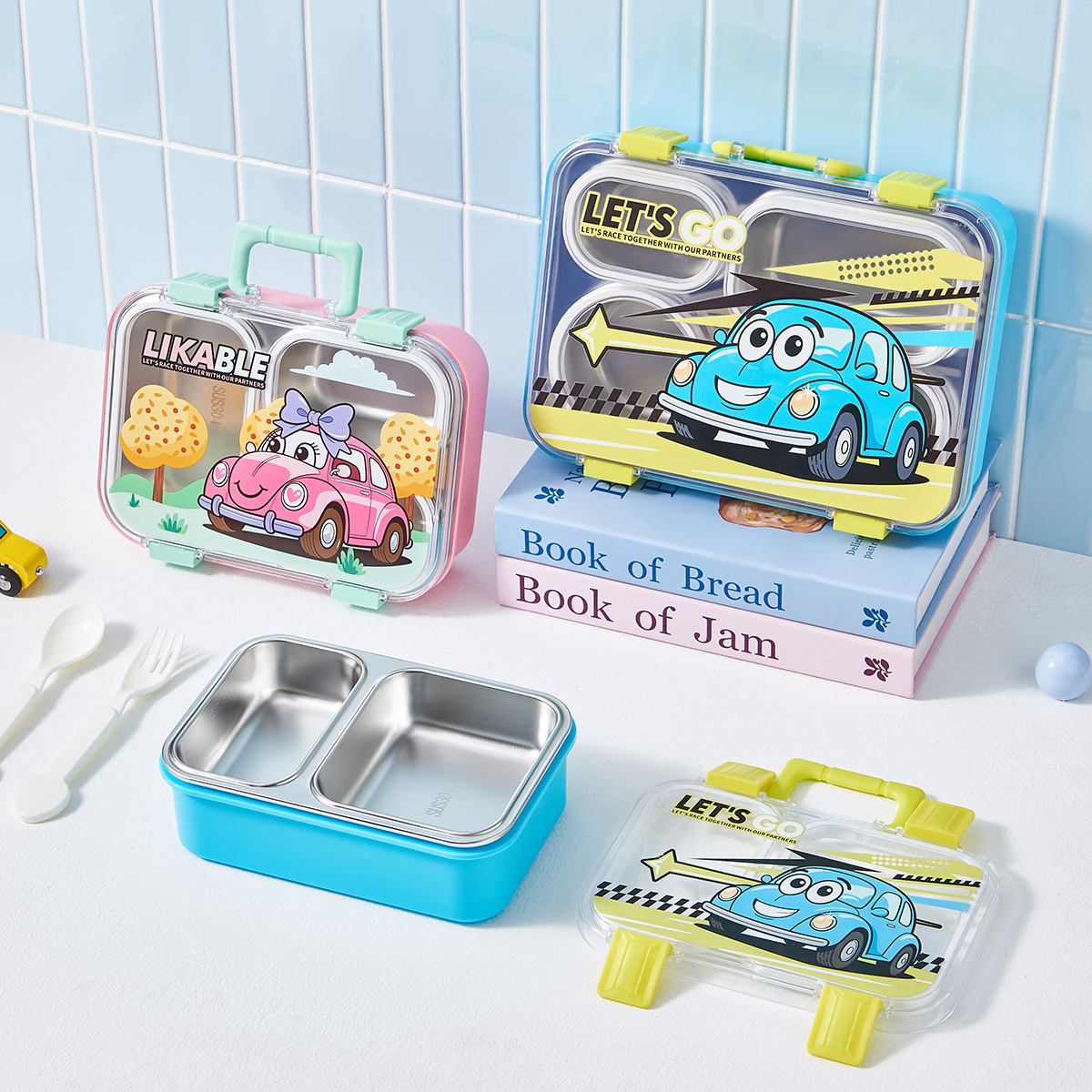 Stainless Steel Leakproof Compartments Kids Bento Box Cartoon Design Microwavable Lunch Container Storage School Picnic