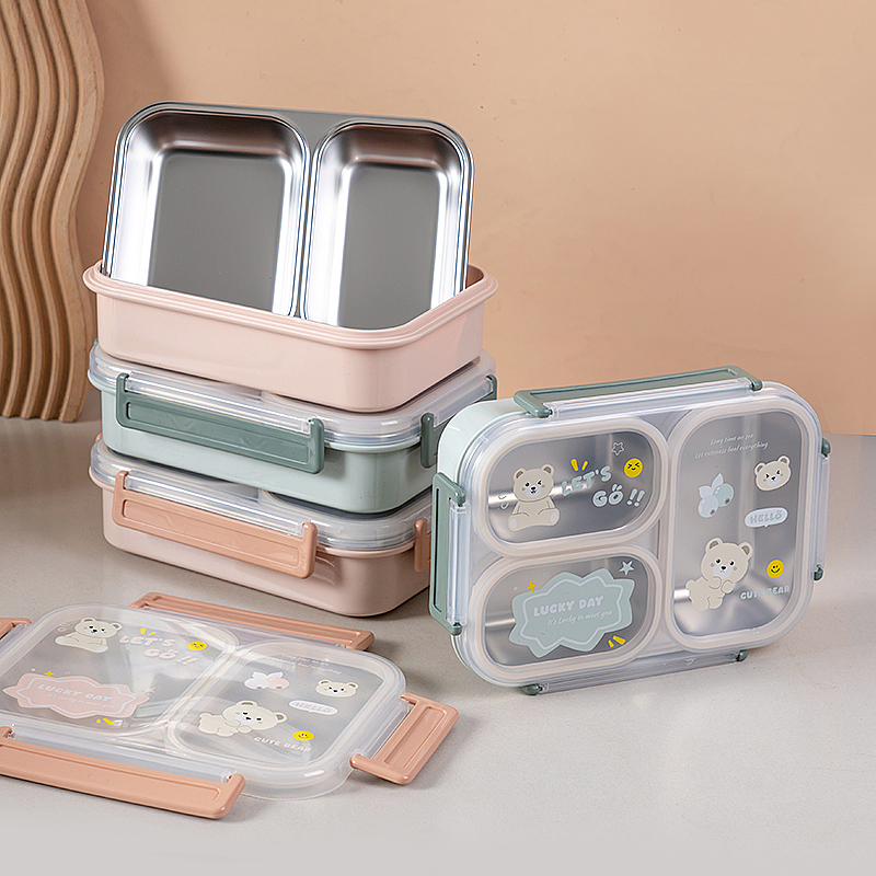 Creative Stainless Steel 3 Grids Cartoon Print Cream Cartoon Lunch Box Portable for Kids and Students