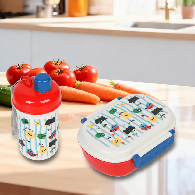 Kids Bento Lunch Box with 2 Compartments Girls Boys Lunch Box Plastic Water Bottle Utensils Set for Ages 3-12 Back to School