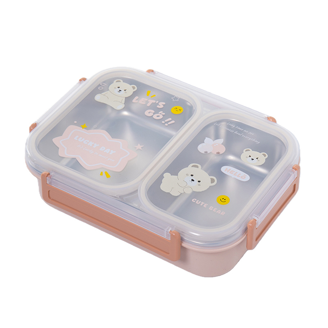 Creative Stainless Steel 3 Grids Cartoon Print Cream Cartoon Lunch Box Portable for Kids and Students